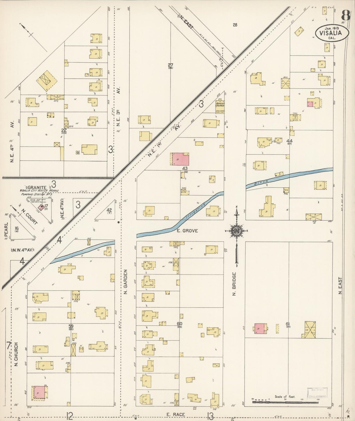 Sanborn Fire Insurance Map from Visalia, Tulare County, California (1913), Sheet #0008 - Complete Map Set gallery image, historic Sanborn map, vintage wall art, California California