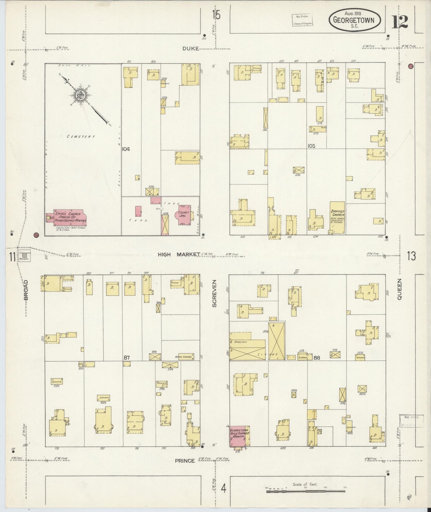 Sanborn Fire Insurance Map from Georgetown, Georgetown County, South Carolina (1913), Sheet #0012 - Historic Sanborn Fire Insurance Map Print, vintage old map wall art, antique decor, genealogy gift, South Carolina South Carolina map