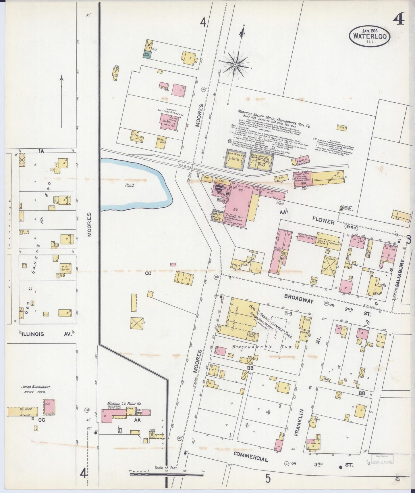 Sanborn Fire Insurance Map from Waterloo, Monroe County, Illinois (1906), Sheet #0004 - Historic Sanborn Fire Insurance Map Print, vintage old map wall art, antique decor, genealogy gift, Illinois Illinois map