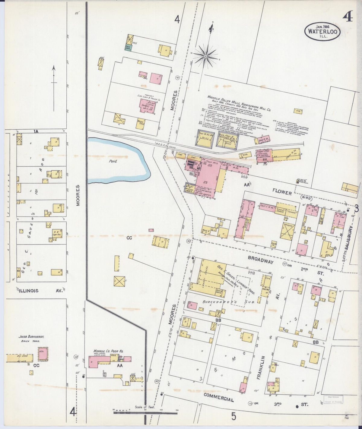 Sanborn Fire Insurance Map from Waterloo, Monroe County, Illinois (1906), Sheet #0004 - Historic Sanborn Fire Insurance Map Print, vintage old map wall art, antique decor, genealogy gift, Illinois Illinois map
