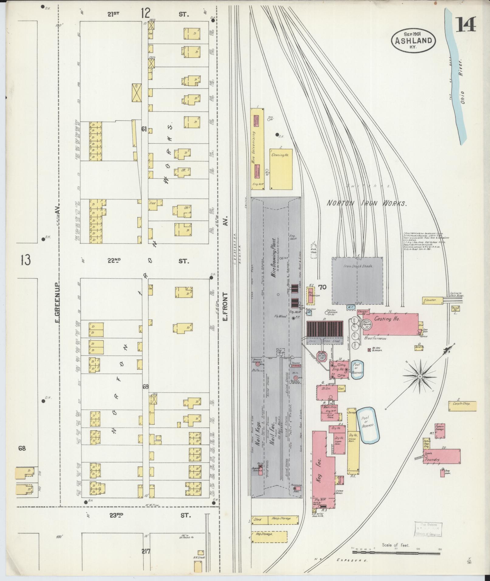 Sanborn Fire Insurance Map from Ashland, Boyd County, Kentucky (1901), Sheet #0014 - Complete Map Set gallery image, historic Sanborn map, vintage wall art, Kentucky Kentucky