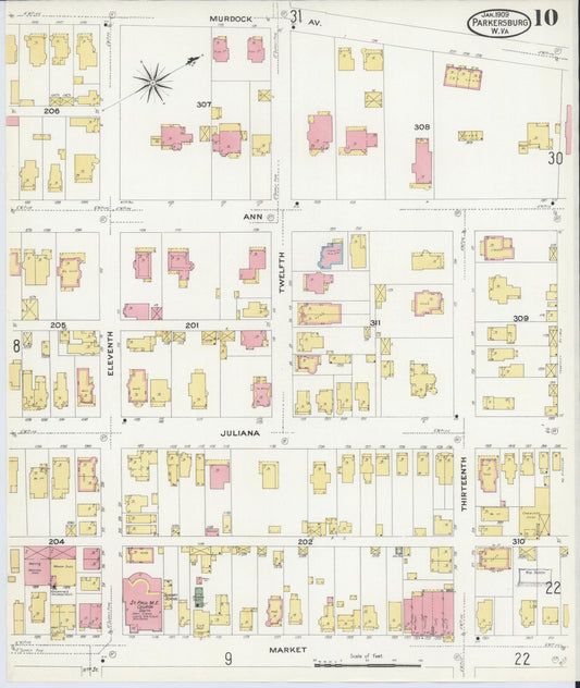 Sanborn Fire Insurance Map from Parkersburg, Wood County, West Virginia (1909), Sheet #0010 - Historic Sanborn Fire Insurance Map Print, vintage old map wall art, antique decor, genealogy gift, West Virginia West Virginia map