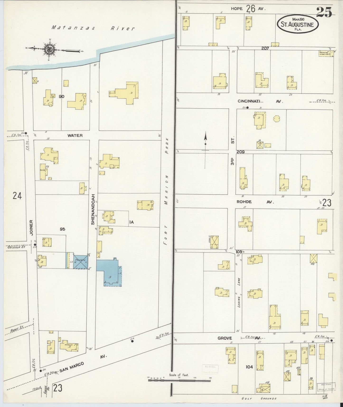 Sanborn Fire Insurance Map from Saint Augustine, Saint John's County, Florida (1910), Sheet #0025 - Historic Sanborn Fire Insurance Map Print, vintage old map wall art, antique decor, genealogy gift, Florida Florida map