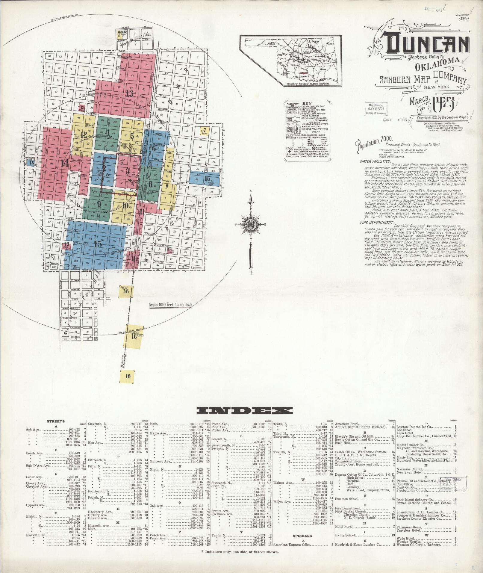 Sanborn Fire Insurance Map from Duncan, Stephens County, Oklahoma (1923), Sheet #0001 - Historic Sanborn Fire Insurance Map Print, vintage old map wall art, antique decor, genealogy gift, Oklahoma Oklahoma map