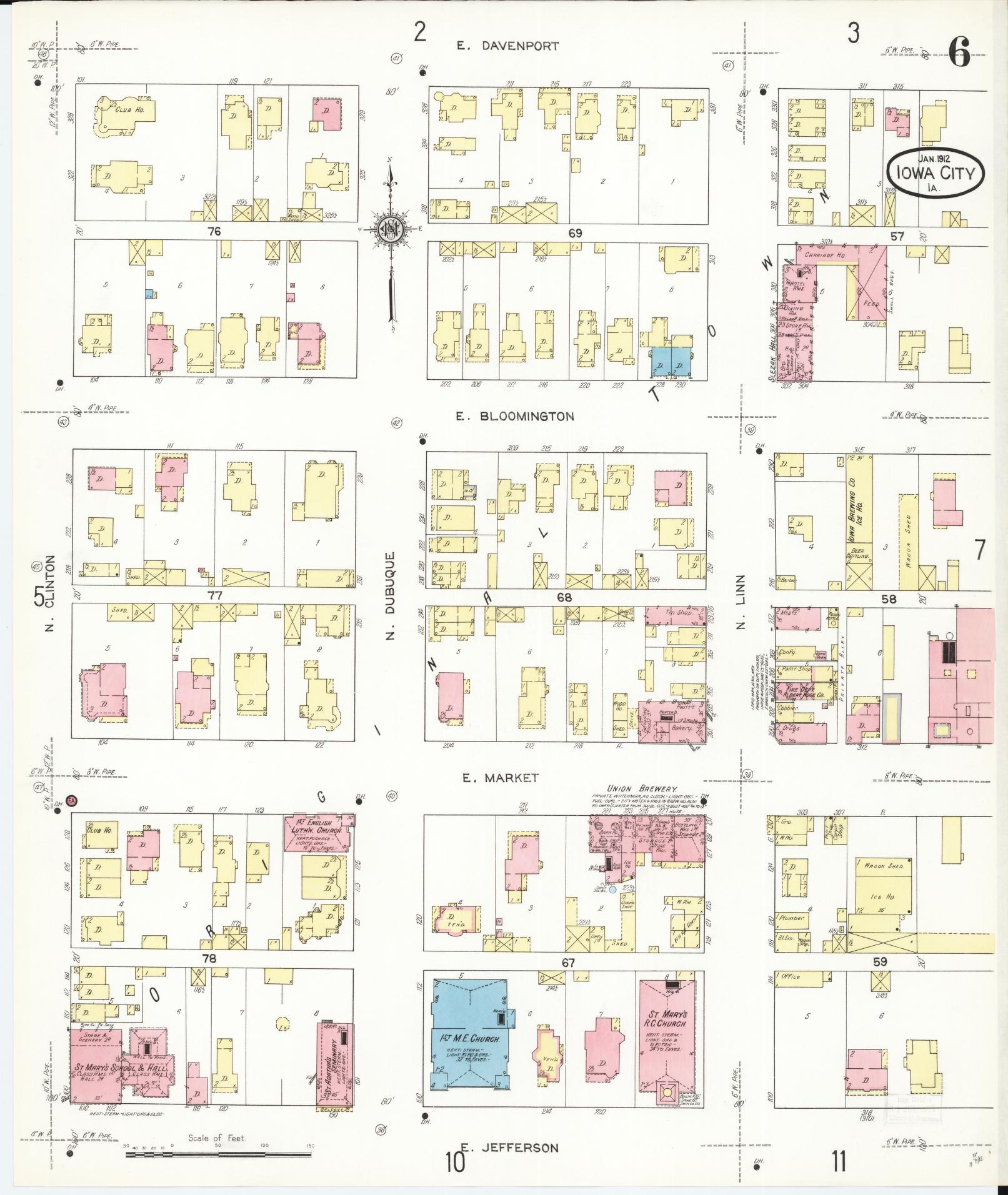 Sanborn Fire Insurance Map from Iowa City, Johnson County, Iowa (1912), Sheet #0006 - Historic Sanborn Fire Insurance Map Print, vintage old map wall art
