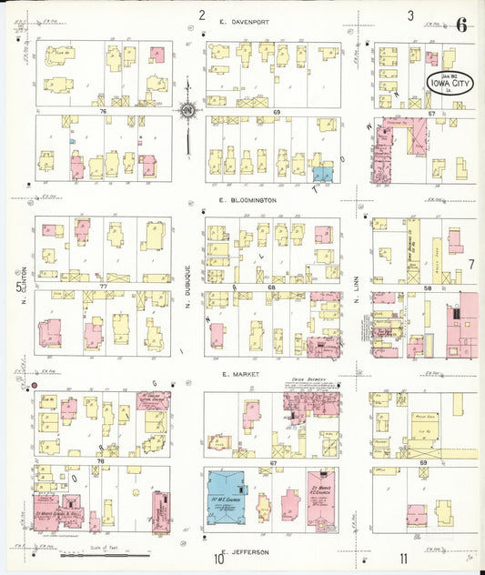 Sanborn Fire Insurance Map from Iowa City, Johnson County, Iowa (1912), Sheet #0006 - Historic Sanborn Fire Insurance Map Print, vintage old map wall art