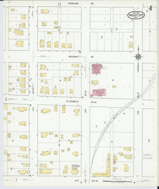 Sanborn Fire Insurance Map from Valley City, Barnes County, North Dakota (1919), Sheet #0004 - Historic Sanborn Fire Insurance Map Print, vintage old map wall art, antique decor, genealogy gift, North Dakota North Dakota map