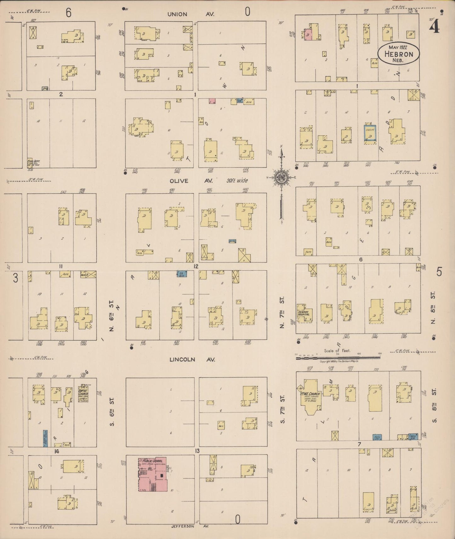 Sanborn Fire Insurance Map from Hebron, Thayer County, Nebraska (1922), Sheet #0004 - Historic Sanborn Fire Insurance Map Print, vintage old map wall art, antique decor, genealogy gift, Nebraska Nebraska map