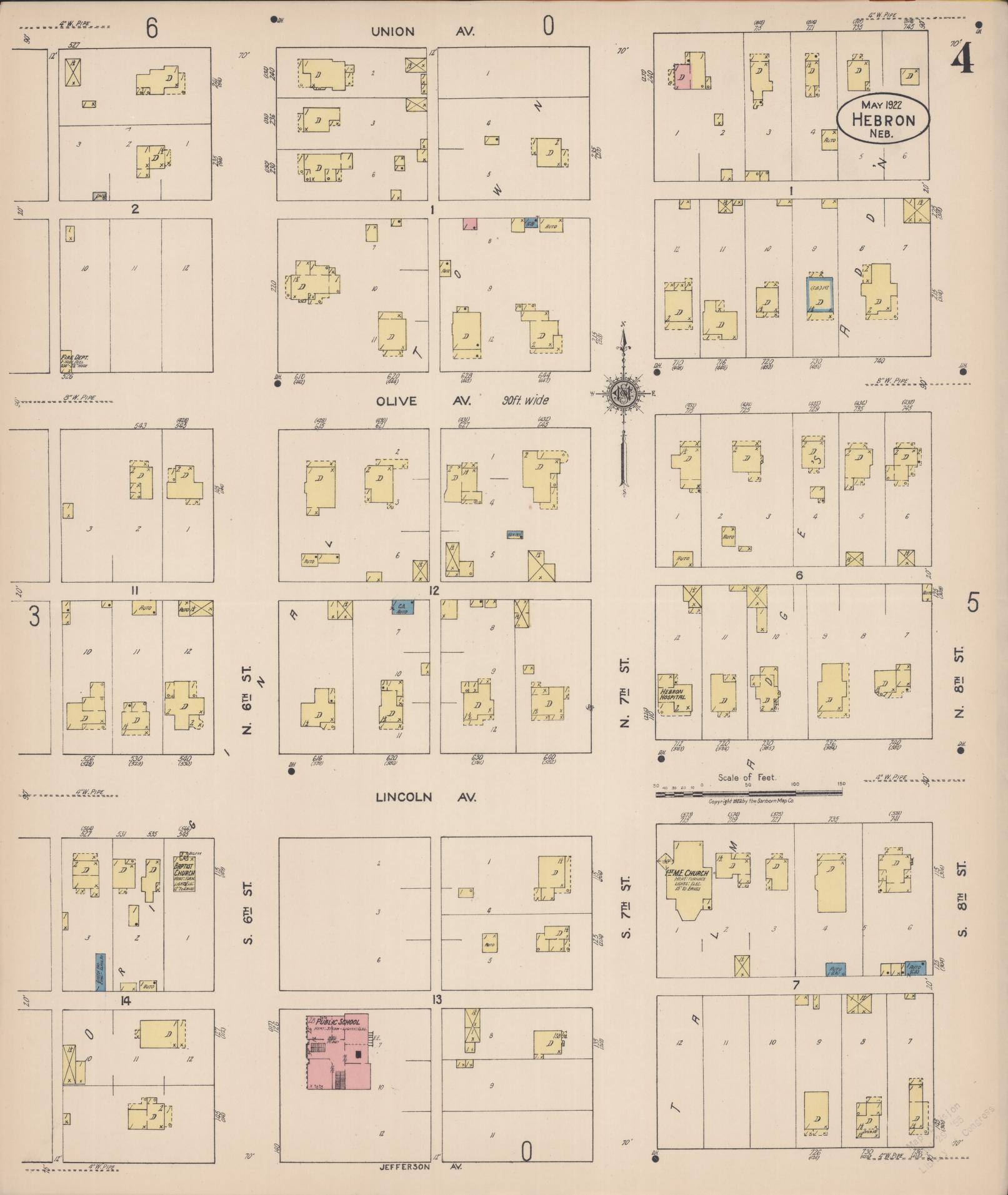 Sanborn Fire Insurance Map from Hebron, Thayer County, Nebraska (1922), Sheet #0004 - Historic Sanborn Fire Insurance Map Print, vintage old map wall art, antique decor, genealogy gift, Nebraska Nebraska map