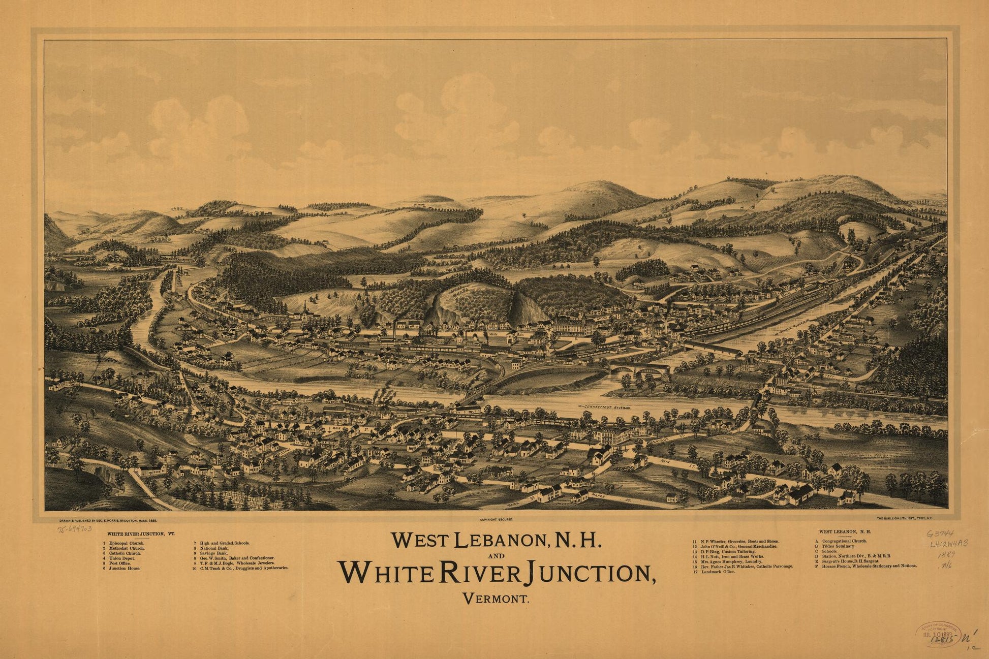West Lebanon, N.H., and White River Junction, Vermont. (1889) – Historic Bird’s-Eye View Panorama Print