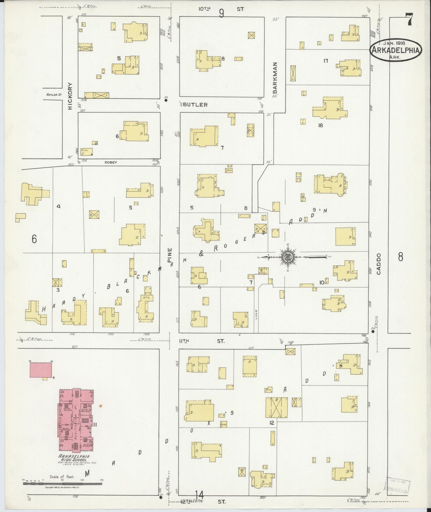Sanborn Fire Insurance Map from Arkadelphia, Clark County, Arkansas (1918), Sheet #0007 - Complete Map Set gallery image, historic Sanborn map, vintage wall art, Arkansas Arkansas