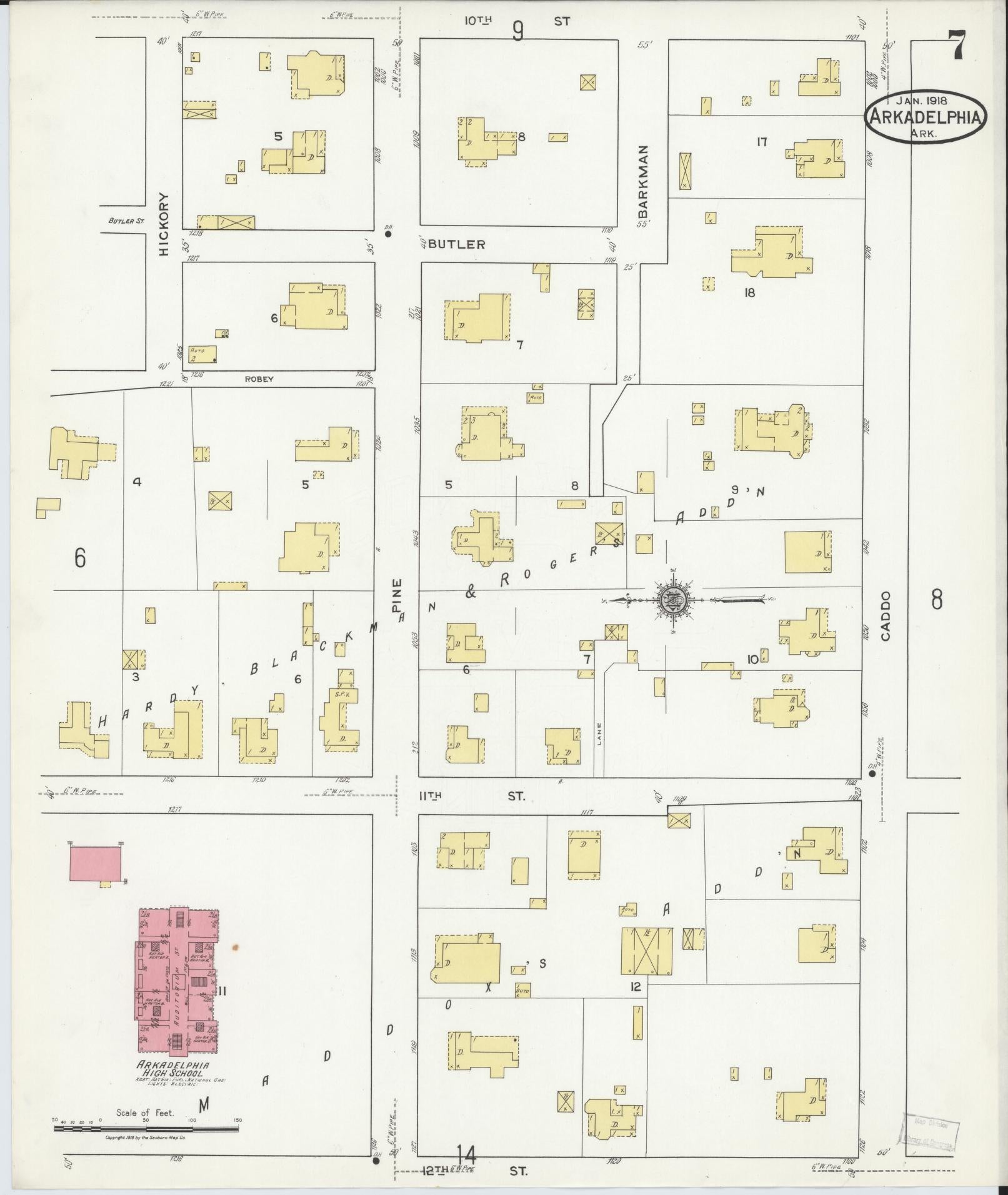 Sanborn Fire Insurance Map from Arkadelphia, Clark County, Arkansas (1918), Sheet #0007 - Complete Map Set gallery image, historic Sanborn map, vintage wall art, Arkansas Arkansas
