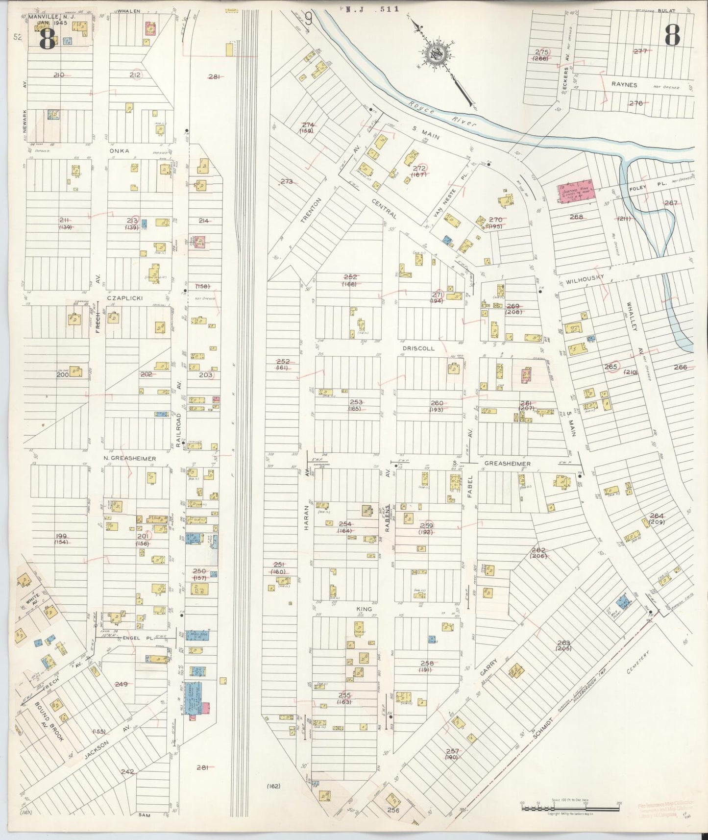 Sanborn Fire Insurance Map from Manville, Somerset County, New Jersey (1949), Sheet #0008 - Historic Sanborn Fire Insurance Map Print, vintage old map wall art, antique decor, genealogy gift, New Jersey New Jersey map
