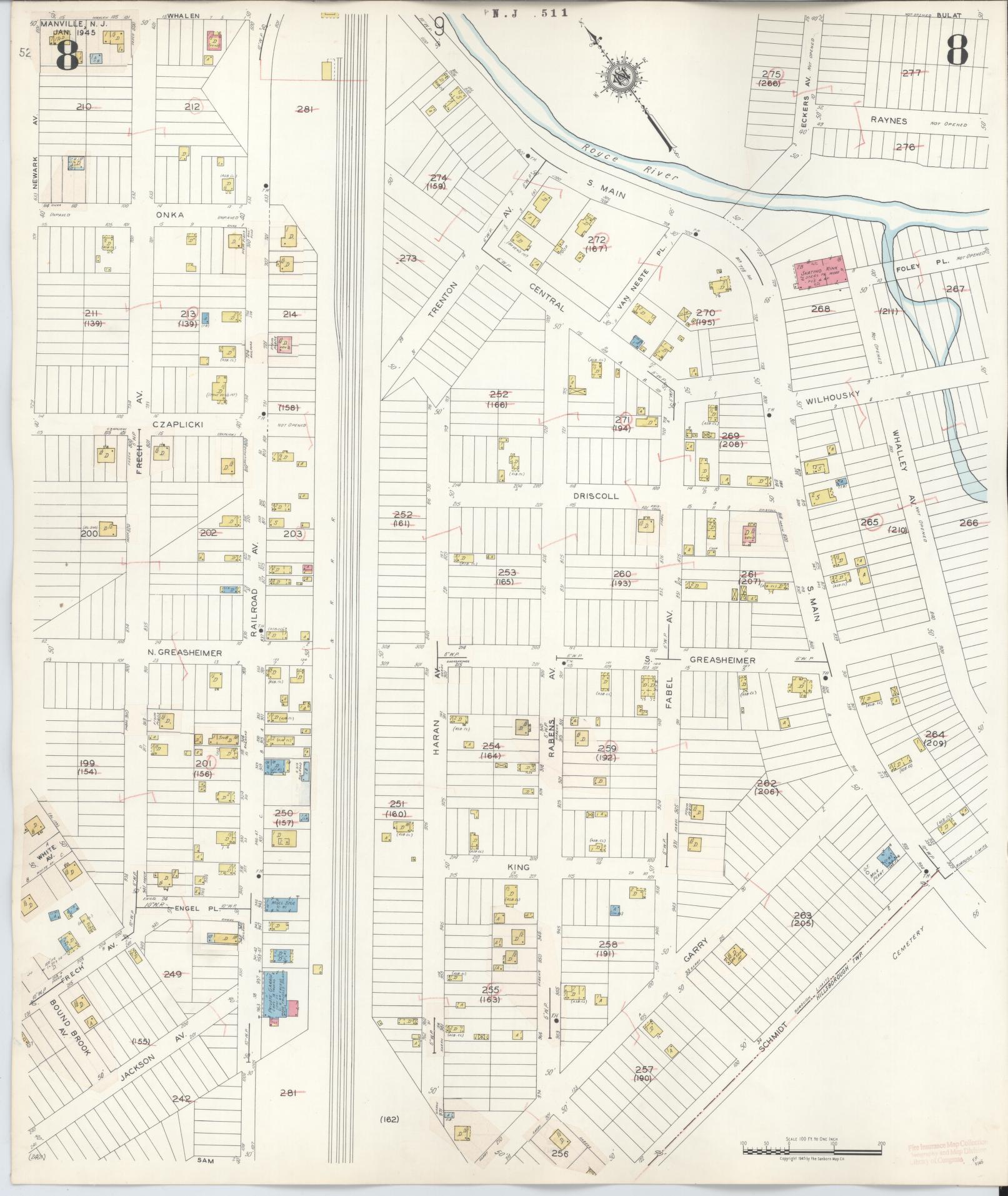Sanborn Fire Insurance Map from Manville, Somerset County, New Jersey (1949), Sheet #0008 - Historic Sanborn Fire Insurance Map Print, vintage old map wall art, antique decor, genealogy gift, New Jersey New Jersey map