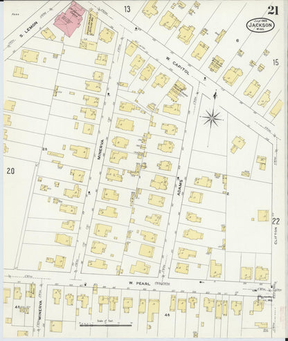 Sanborn Fire Insurance Map from Jackson, Hinds County, Mississippi (1909), Sheet #0021 - Complete Map Set gallery image, historic Sanborn map, vintage wall art, Mississippi Mississippi