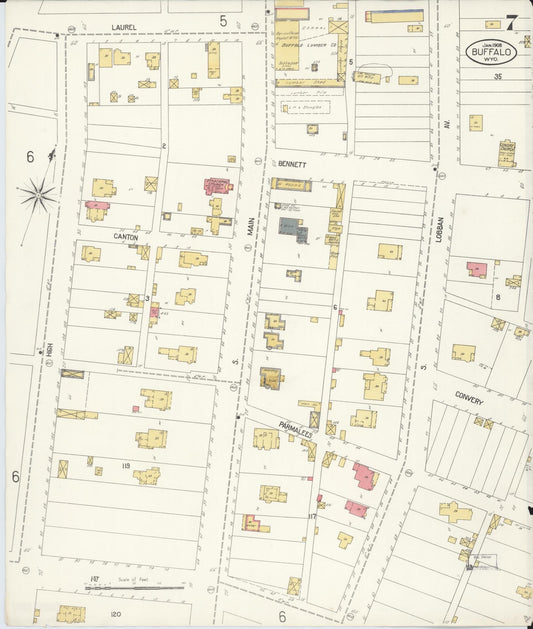 Sanborn Fire Insurance Map from Buffalo, Johnson County, Wyoming (1908), Sheet #0007 - Historic Sanborn Fire Insurance Map Print, vintage old map wall art, antique decor, genealogy gift, Wyoming Wyoming map