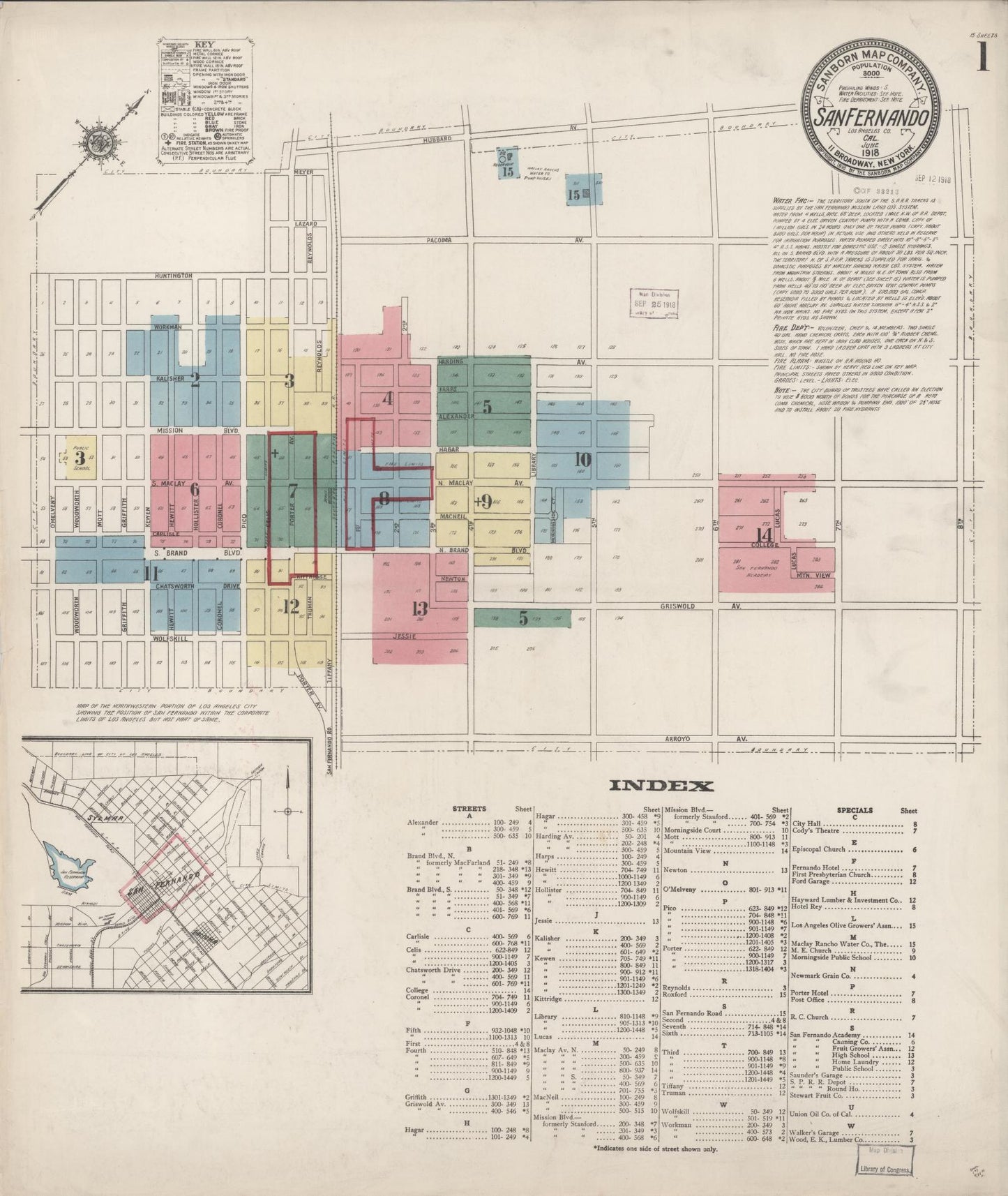 Sanborn Fire Insurance Map from San Fernando, Los Angeles County, California (1918), Sheet #0001 - Complete Map Set gallery image, historic Sanborn map, vintage wall art, California California