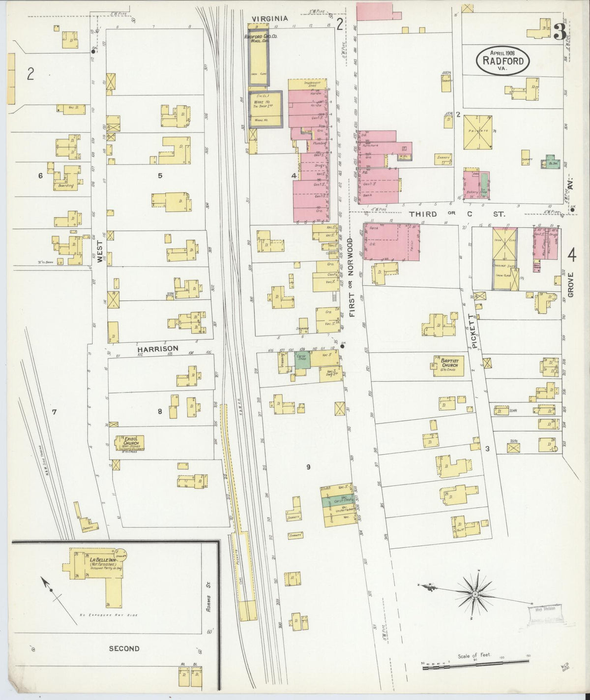 Sanborn Fire Insurance Map from Radford, Independent Cities, Virginia (1908), Sheet #0003 - Historic Sanborn Fire Insurance Map Print, vintage old map wall art, antique decor, genealogy gift, Virginia Virginia map