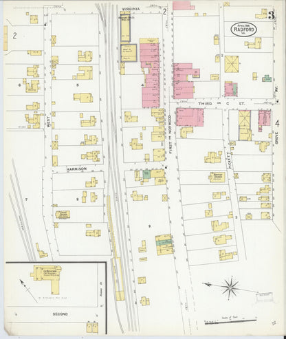 Sanborn Fire Insurance Map from Radford, Independent Cities, Virginia (1908), Sheet #0003 - Historic Sanborn Fire Insurance Map Print, vintage old map wall art, antique decor, genealogy gift, Virginia Virginia map
