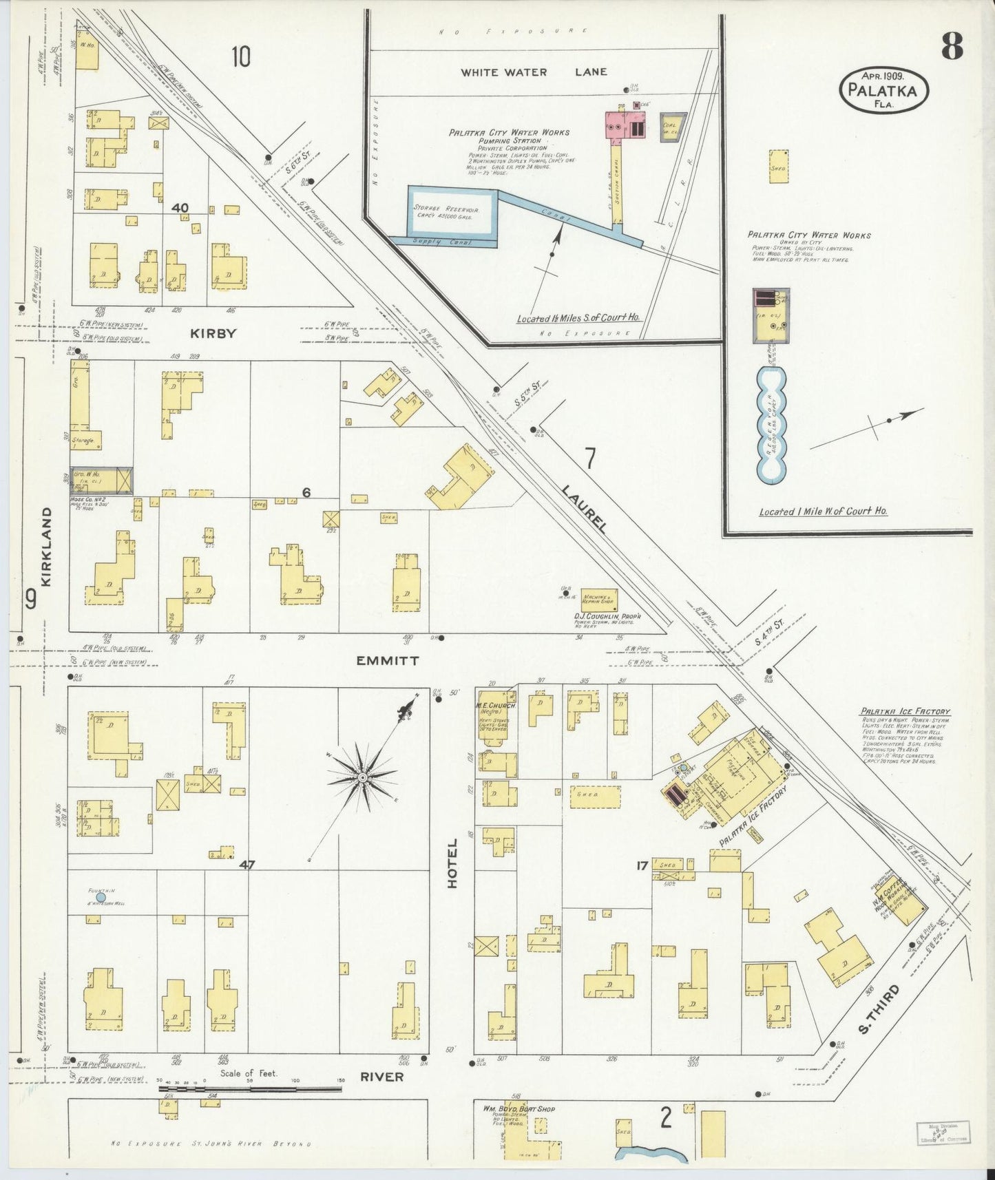 Sanborn Fire Insurance Map from Palatka, Putnam County, Florida (1909), Sheet #0008 - Complete Map Set gallery image, historic Sanborn map, vintage wall art, Florida Florida
