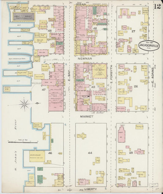 Sanborn Fire Insurance Map from Jacksonville, Duval County, Florida (1887), Sheet #0012 - Historic Sanborn Fire Insurance Map Print, vintage old map wall art, antique decor, genealogy gift, Florida Florida map