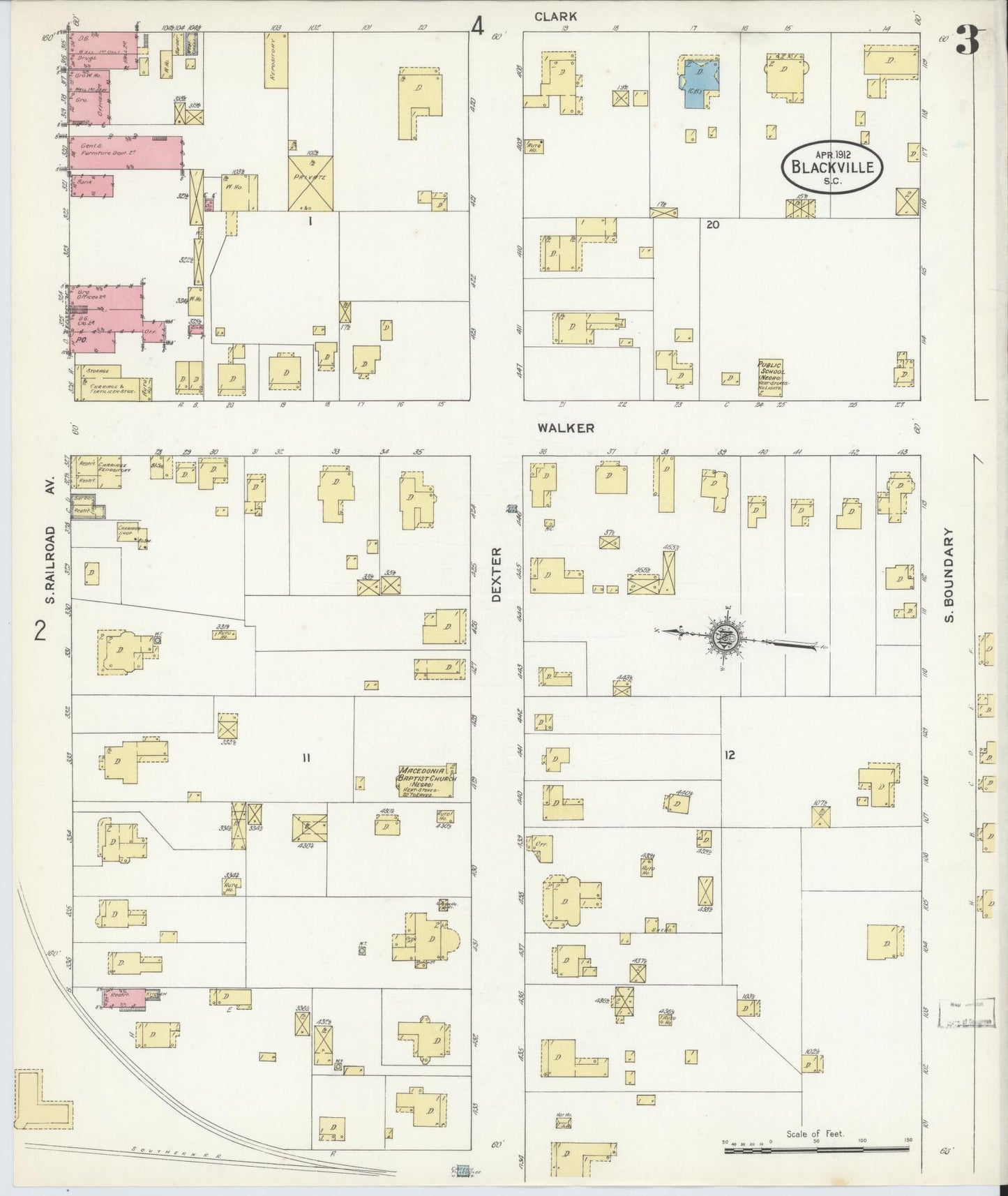 Sanborn Fire Insurance Map from Blackville, Barnwell County, South Carolina (1912), Sheet #0003 - Complete Map Set gallery image, historic Sanborn map, vintage wall art, South Carolina South Carolina