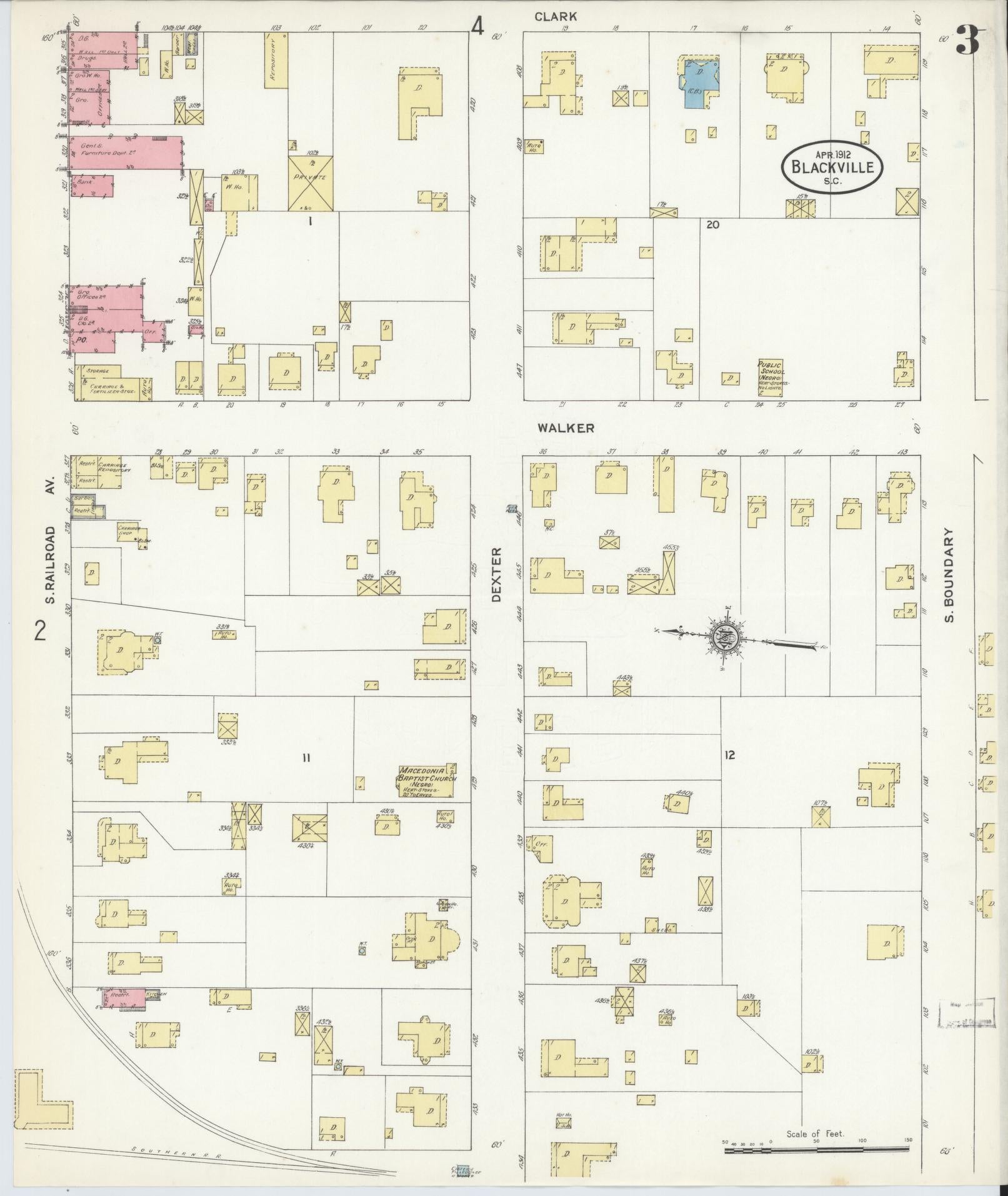 Sanborn Fire Insurance Map from Blackville, Barnwell County, South Carolina (1912), Sheet #0003 - Complete Map Set gallery image, historic Sanborn map, vintage wall art, South Carolina South Carolina
