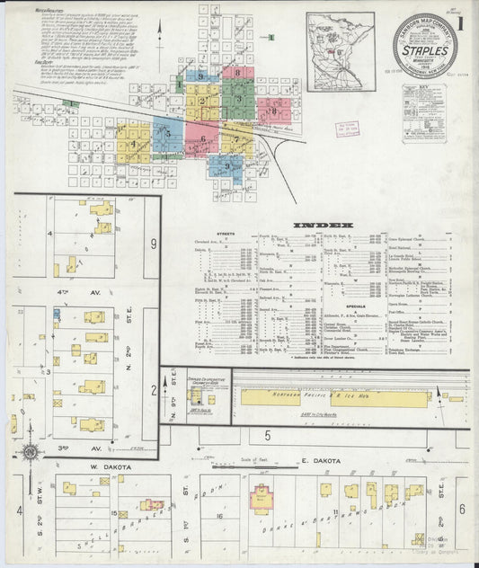 Sanborn Fire Insurance Map from Staples, Todd County, Minnesota (1916), Sheet #0001 - Historic Sanborn Fire Insurance Map Print, vintage old map wall art, antique decor, genealogy gift, Minnesota Minnesota map