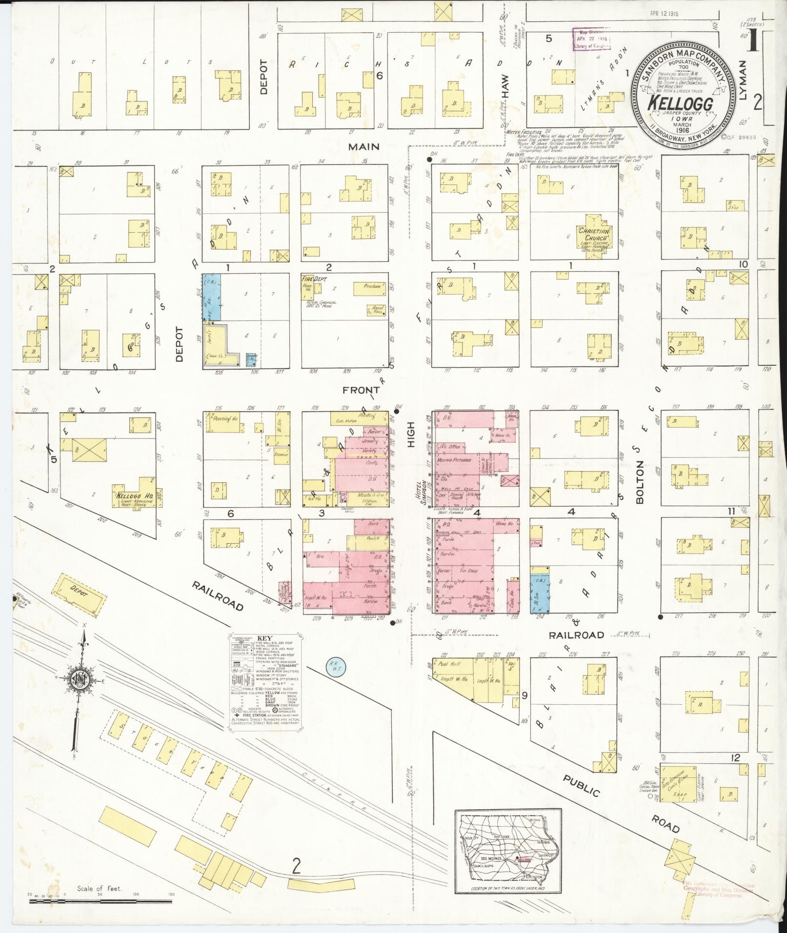 Sanborn Fire Insurance Map from Kellogg, Jasper County, Iowa (1916), Sheet #0001 - Historic Sanborn Fire Insurance Map Print, vintage old map wall art
