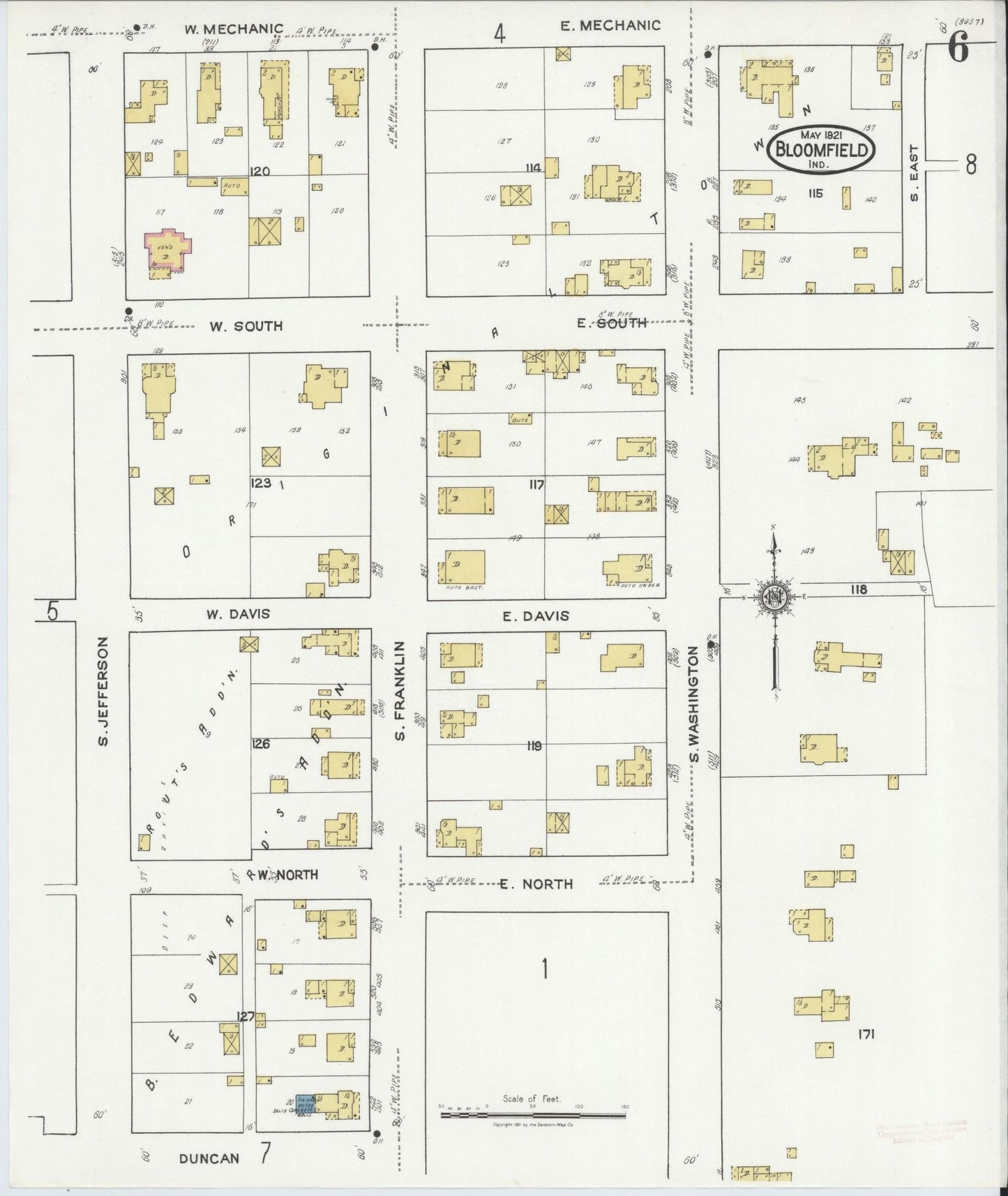 Sanborn Fire Insurance Map from Bloomfield, Greene County, Indiana (1921), Sheet #0006 - Historic Sanborn Fire Insurance Map Print, vintage old map wall art, antique decor, genealogy gift, Indiana Indiana map