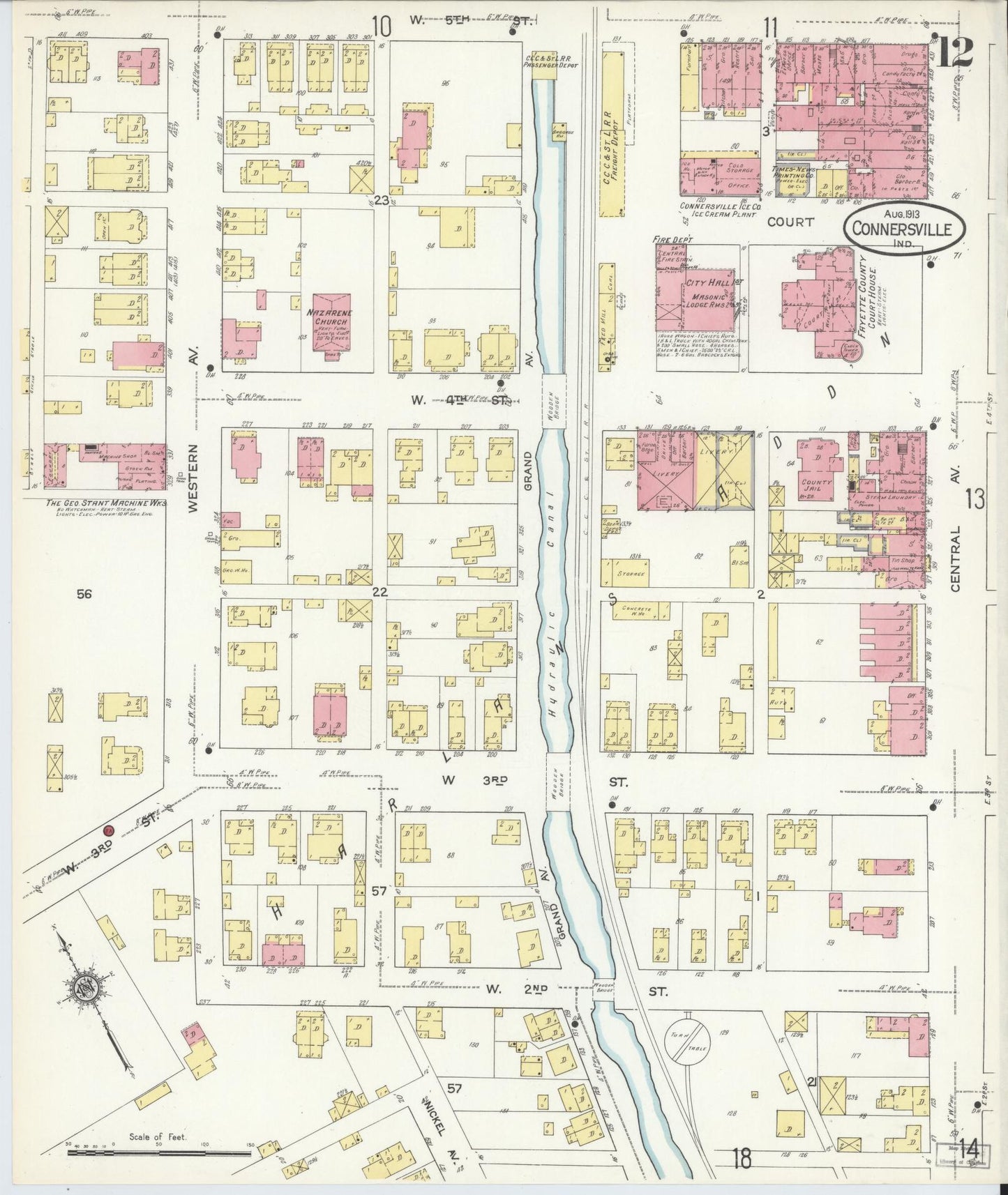 Sanborn Fire Insurance Map from Connersville, Fayette County, Indiana (1913), Sheet #0012 - Historic Sanborn Fire Insurance Map Print, vintage old map wall art, antique decor, genealogy gift, Indiana Indiana map