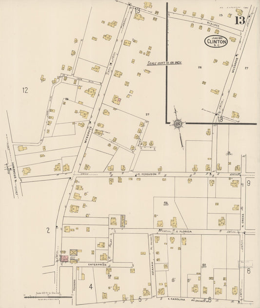 Sanborn Fire Insurance Map from Clinton, Laurens County, South Carolina (1922), Sheet #0013 - Historic Sanborn Fire Insurance Map Print, vintage old map wall art, antique decor, genealogy gift, South Carolina South Carolina map