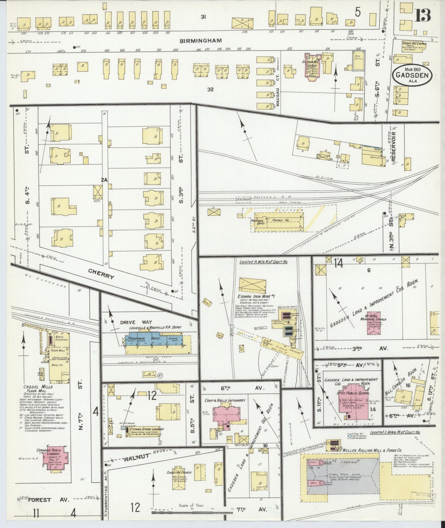 Sanborn Fire Insurance Map from Gadsden, Etowah County, Alabama (1910), Sheet #0013 - Complete Map Set gallery image, historic Sanborn map, vintage wall art, Alabama Alabama