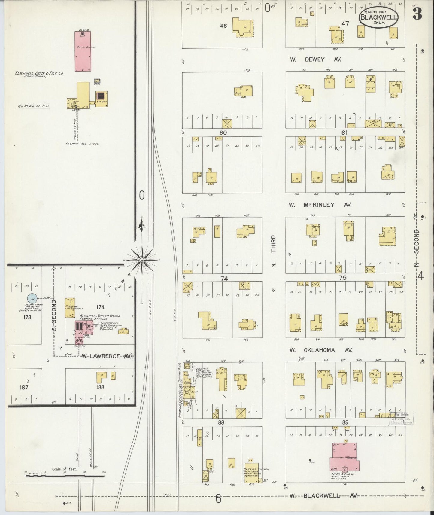 Sanborn Fire Insurance Map from Blackwell, Kay County, Oklahoma (1907), Sheet #0003 - Historic Sanborn Fire Insurance Map Print, vintage old map wall art, antique decor, genealogy gift, Oklahoma Oklahoma map
