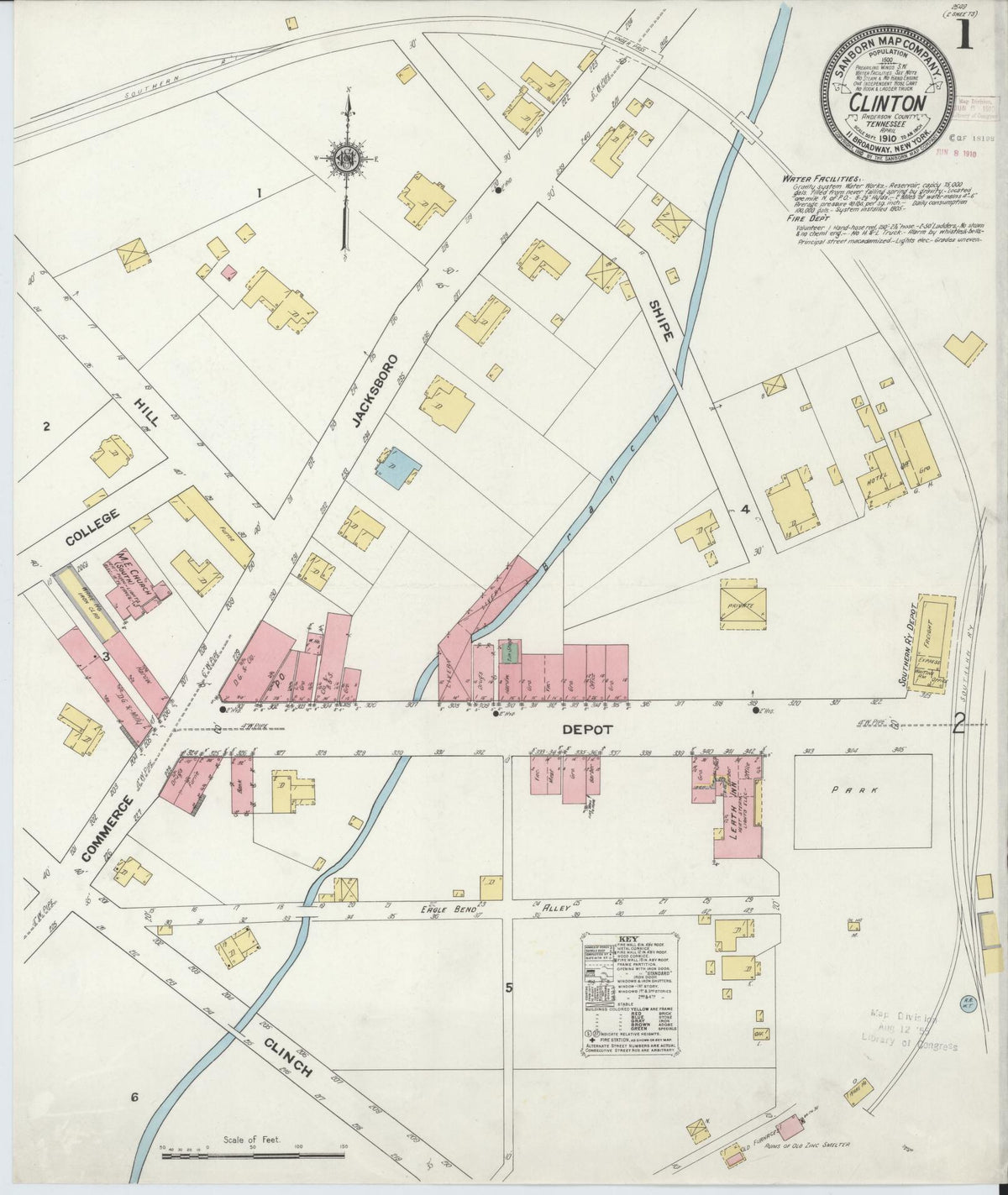 Sanborn Fire Insurance Map from Clinton, Anderson County, Tennessee (1910), Sheet #0001 - Complete Map Set gallery image, historic Sanborn map, vintage wall art, Tennessee Tennessee