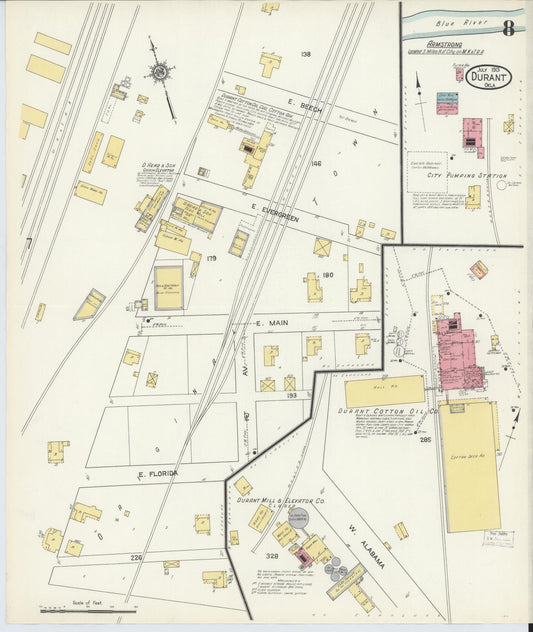 Sanborn Fire Insurance Map from Durant, Bryan County, Oklahoma (1913), Sheet #0008 - Historic Sanborn Fire Insurance Map Print, vintage old map wall art, antique decor, genealogy gift, Oklahoma Oklahoma map