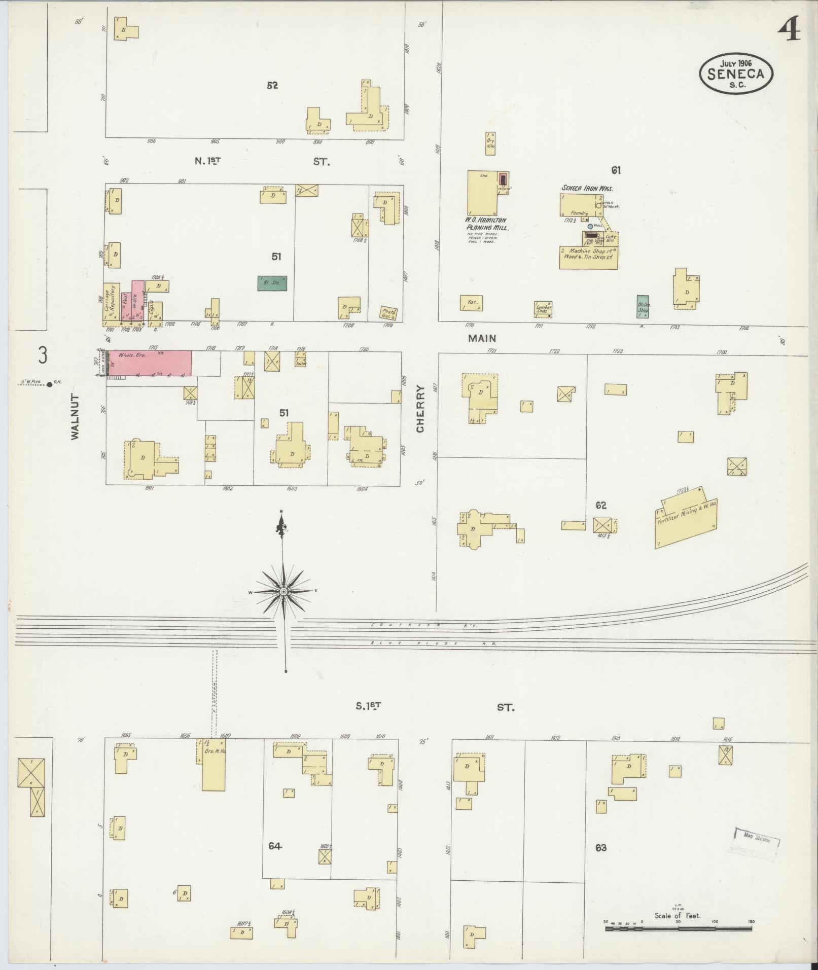 Sanborn Fire Insurance Map from Seneca, Oconee County, South Carolina (1906), Sheet #0004 - Historic Sanborn Fire Insurance Map Print, vintage old map wall art, antique decor, genealogy gift, South Carolina South Carolina map