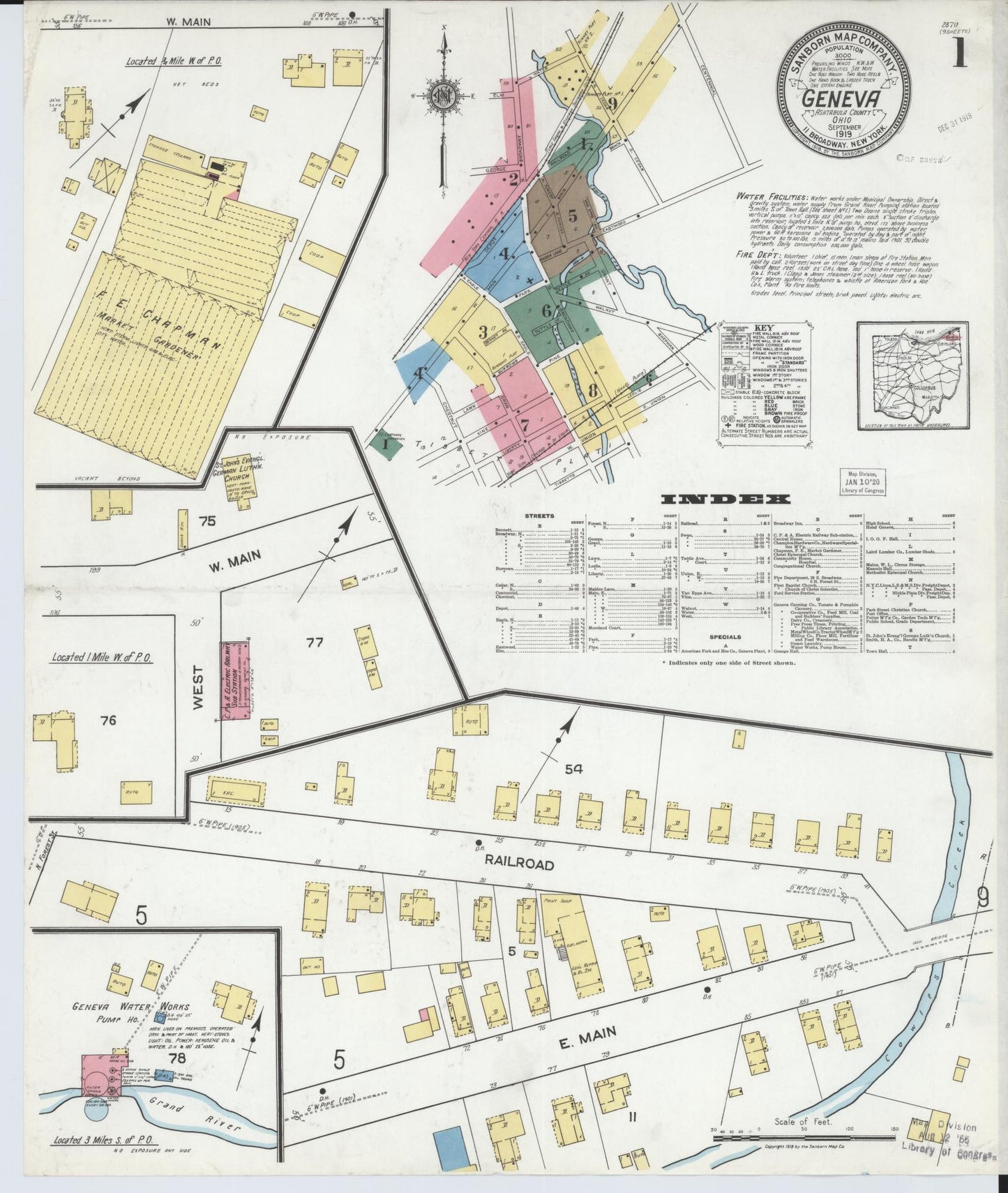 Sanborn Fire Insurance Map from Geneva, Ashtabula County, Ohio (1919), Sheet #0001 - Historic Sanborn Fire Insurance Map Print, vintage old map wall art, antique decor, genealogy gift, Ohio Ohio map