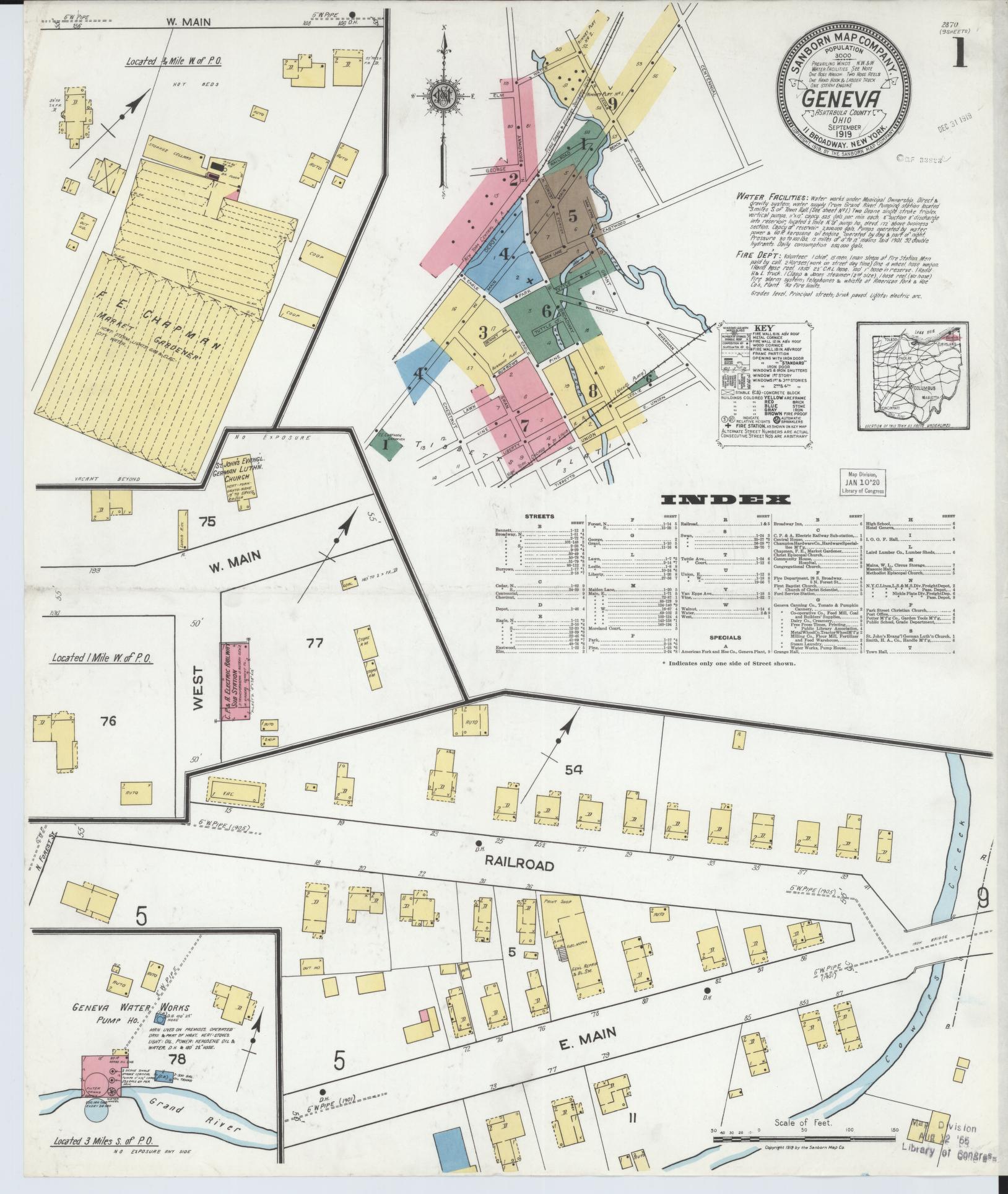Sanborn Fire Insurance Map from Geneva, Ashtabula County, Ohio (1919), Sheet #0001 - Historic Sanborn Fire Insurance Map Print, vintage old map wall art, antique decor, genealogy gift, Ohio Ohio map