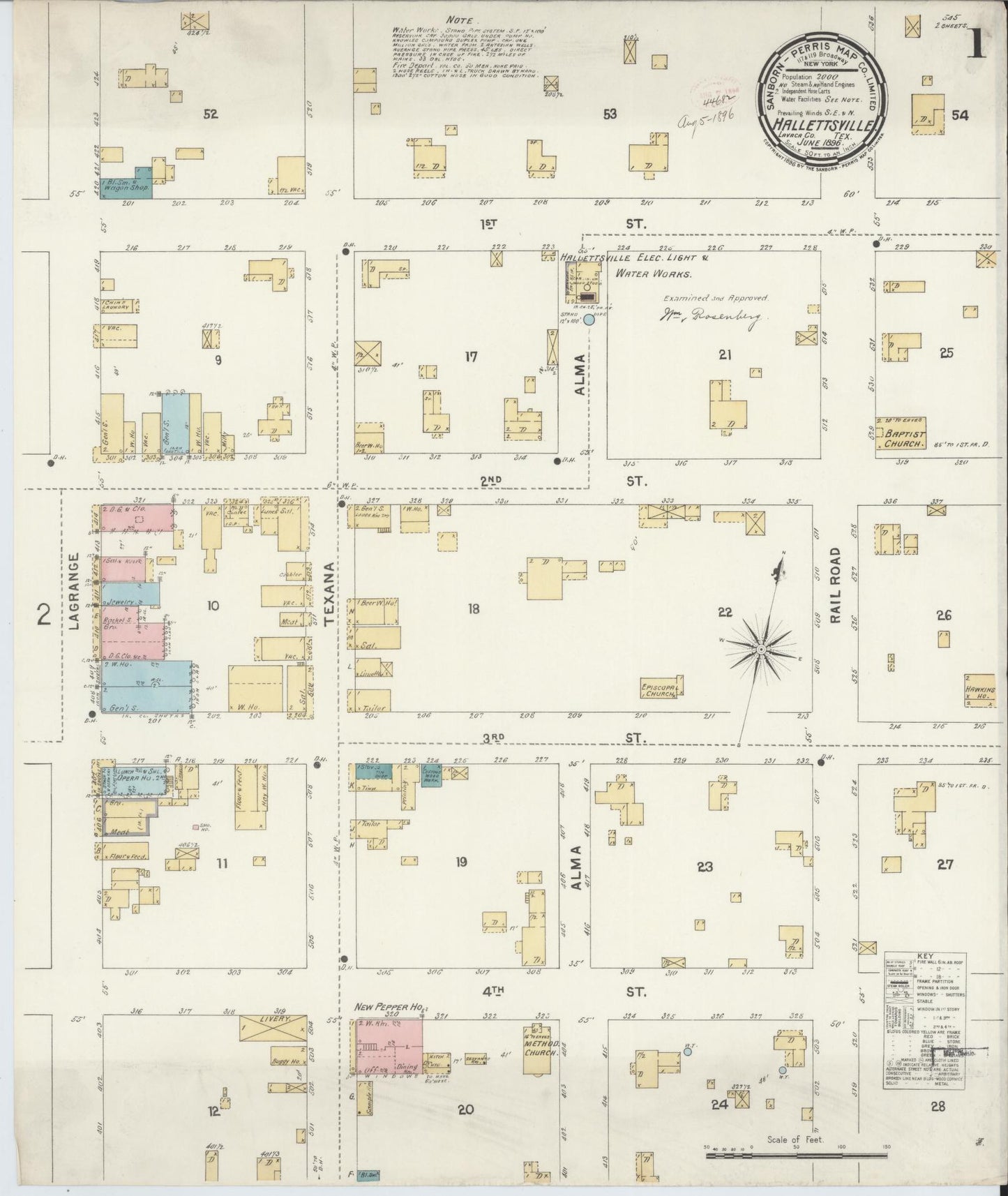 Sanborn Fire Insurance Map from Hallettsville, Lavaca County, Texas (1896), Sheet #0001 - Historic Sanborn Fire Insurance Map Print, vintage old map wall art, antique decor, genealogy gift, Texas Texas map
