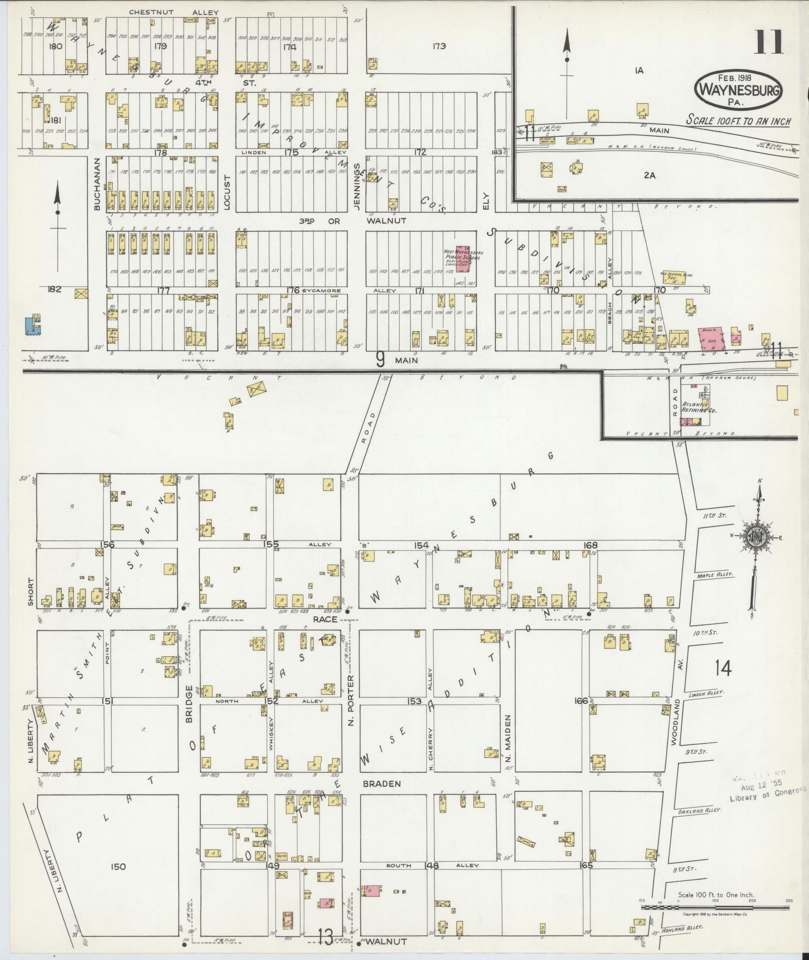 Sanborn Fire Insurance Map from Waynesburg, Greene County, Pennsylvania (1918), Sheet #0011 - Historic Sanborn Fire Insurance Map Print, vintage old map wall art, antique decor, genealogy gift, Pennsylvania Pennsylvania map