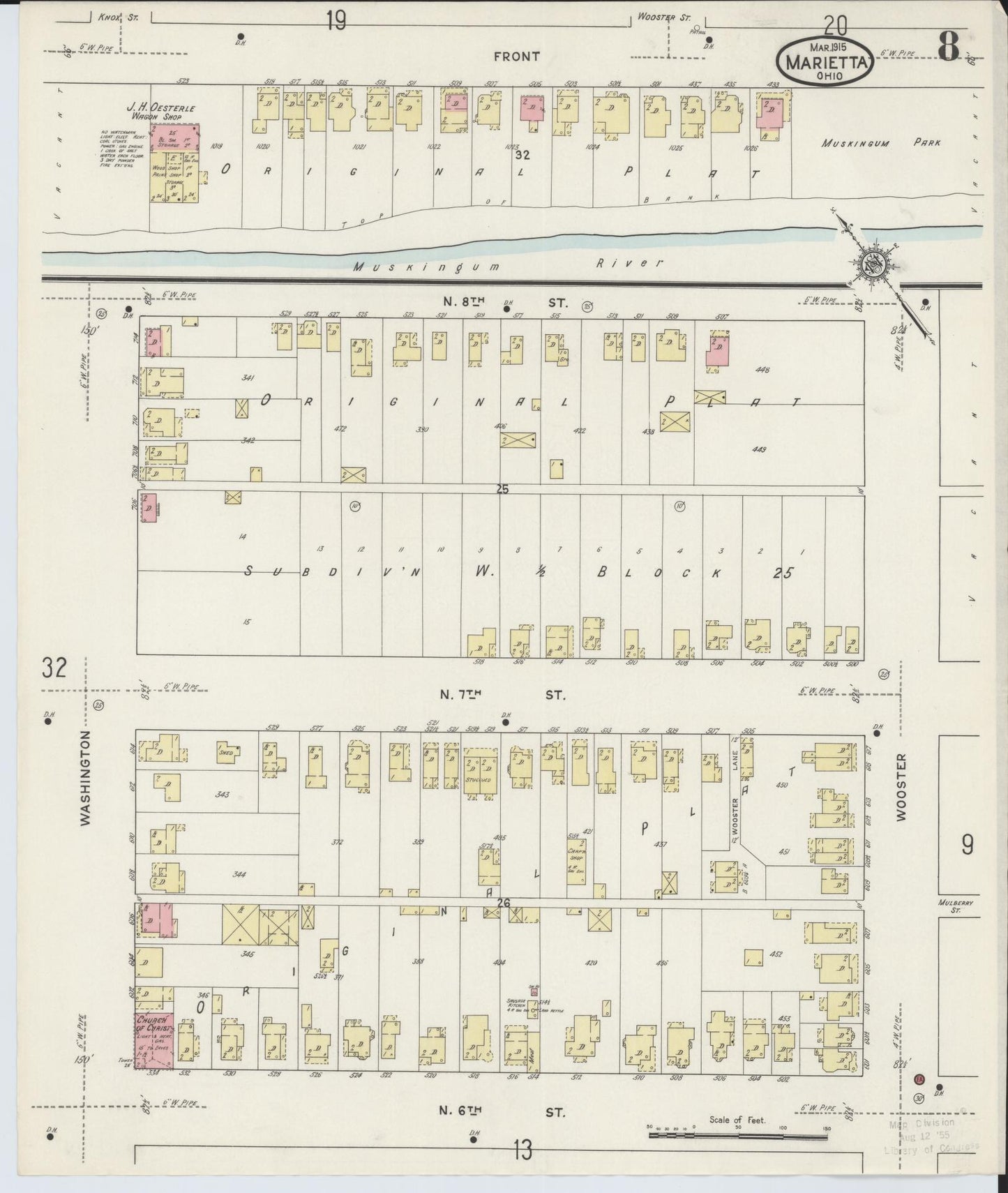 Sanborn Fire Insurance Map from Marietta, Washington County, Ohio (1915), Sheet #0008 - Historic Sanborn Fire Insurance Map Print, vintage old map wall art, antique decor, genealogy gift, Ohio Ohio map