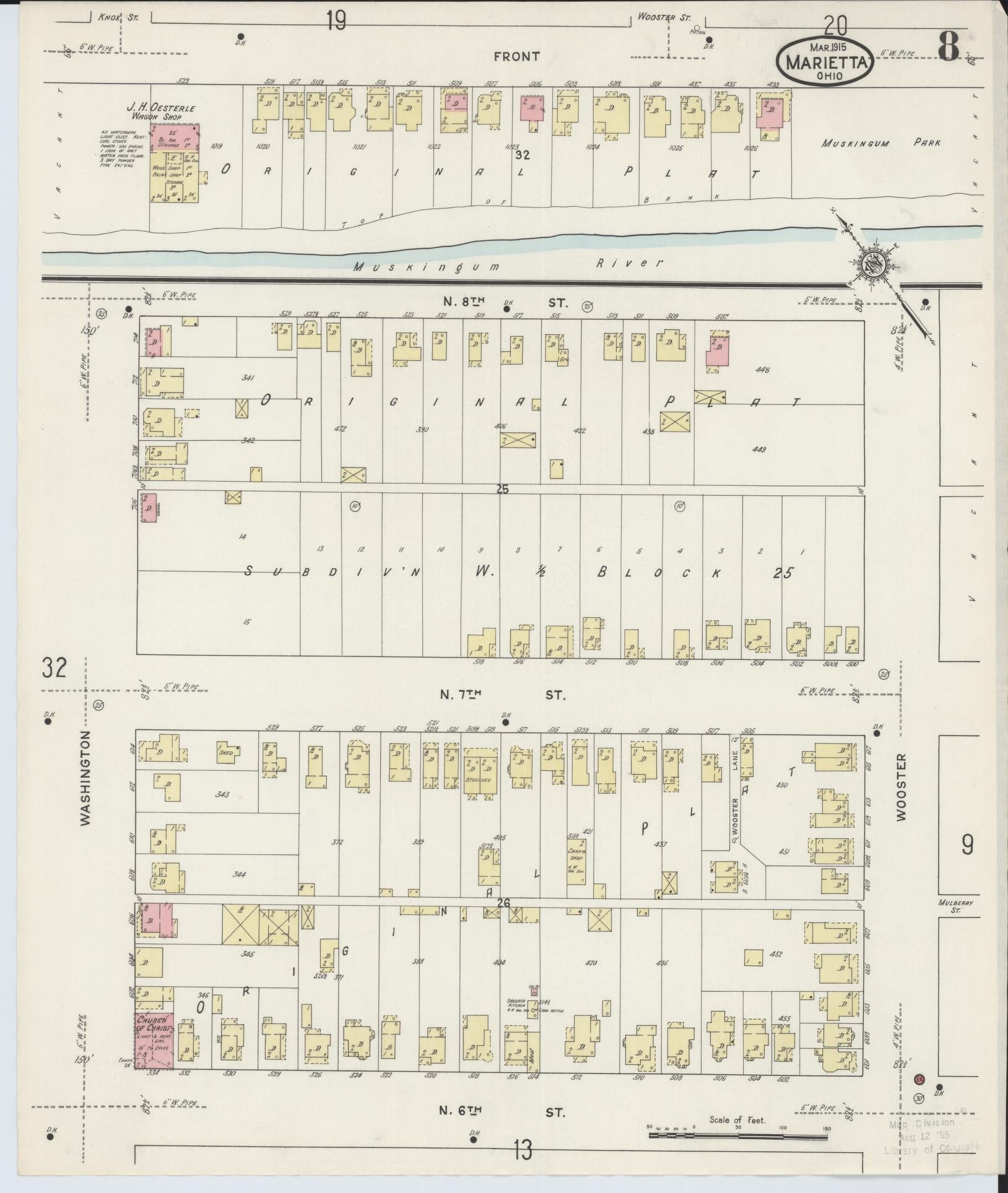 Sanborn Fire Insurance Map from Marietta, Washington County, Ohio (1915), Sheet #0008 - Historic Sanborn Fire Insurance Map Print, vintage old map wall art, antique decor, genealogy gift, Ohio Ohio map