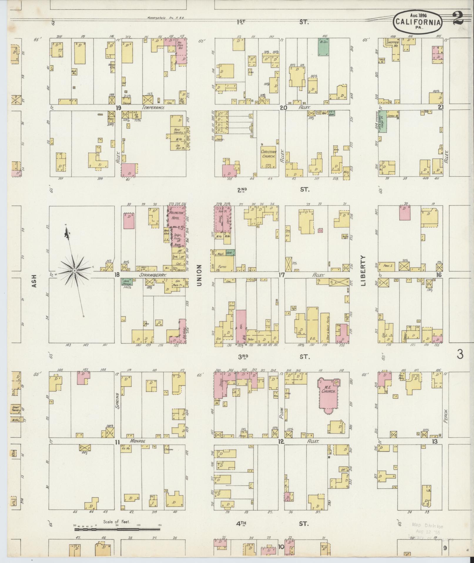 Sanborn Fire Insurance Map from California, Washington County, Pennsylvania (1896), Sheet #0002 - Complete Map Set gallery image, historic Sanborn map, vintage wall art, California California