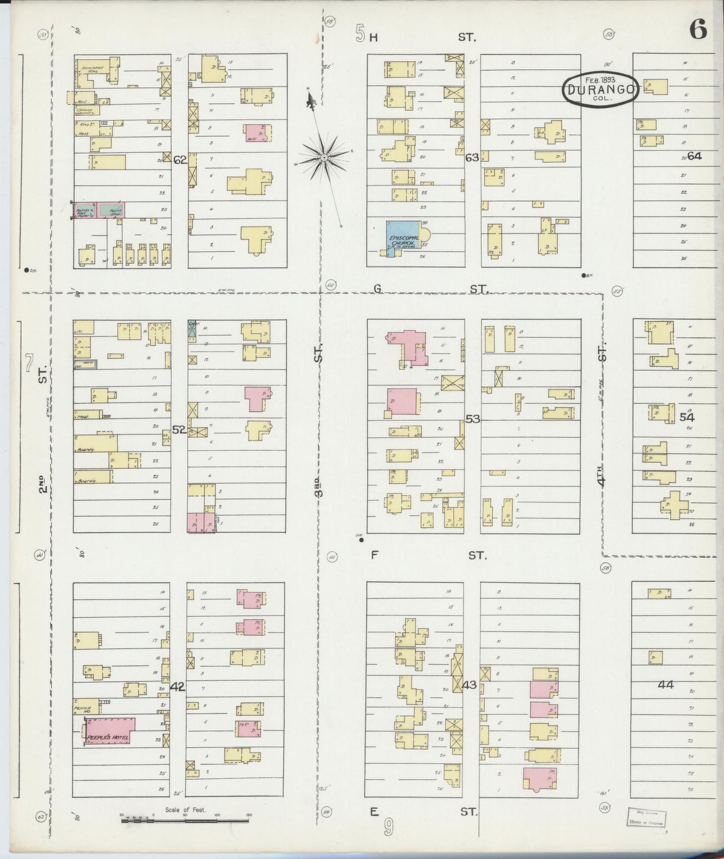 Sanborn Fire Insurance Map from Durango, La Plata County, Colorado (1893), Sheet #0006 - Historic Sanborn Fire Insurance Map Print, vintage old map wall art, antique decor, genealogy gift, Colorado Colorado map