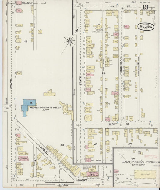 Sanborn Fire Insurance Map from Hudson, Columbia County, New York (1889), Sheet #0013 - Historic Sanborn Fire Insurance Map Print, vintage old map wall art, antique decor, genealogy gift, New York New York map