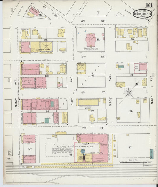 Sanborn Fire Insurance Map from Meridian, Lauderdale County, Mississippi (1893), Sheet #0010 - Historic Sanborn Fire Insurance Map Print, vintage old map wall art, antique decor, genealogy gift, Mississippi Mississippi map
