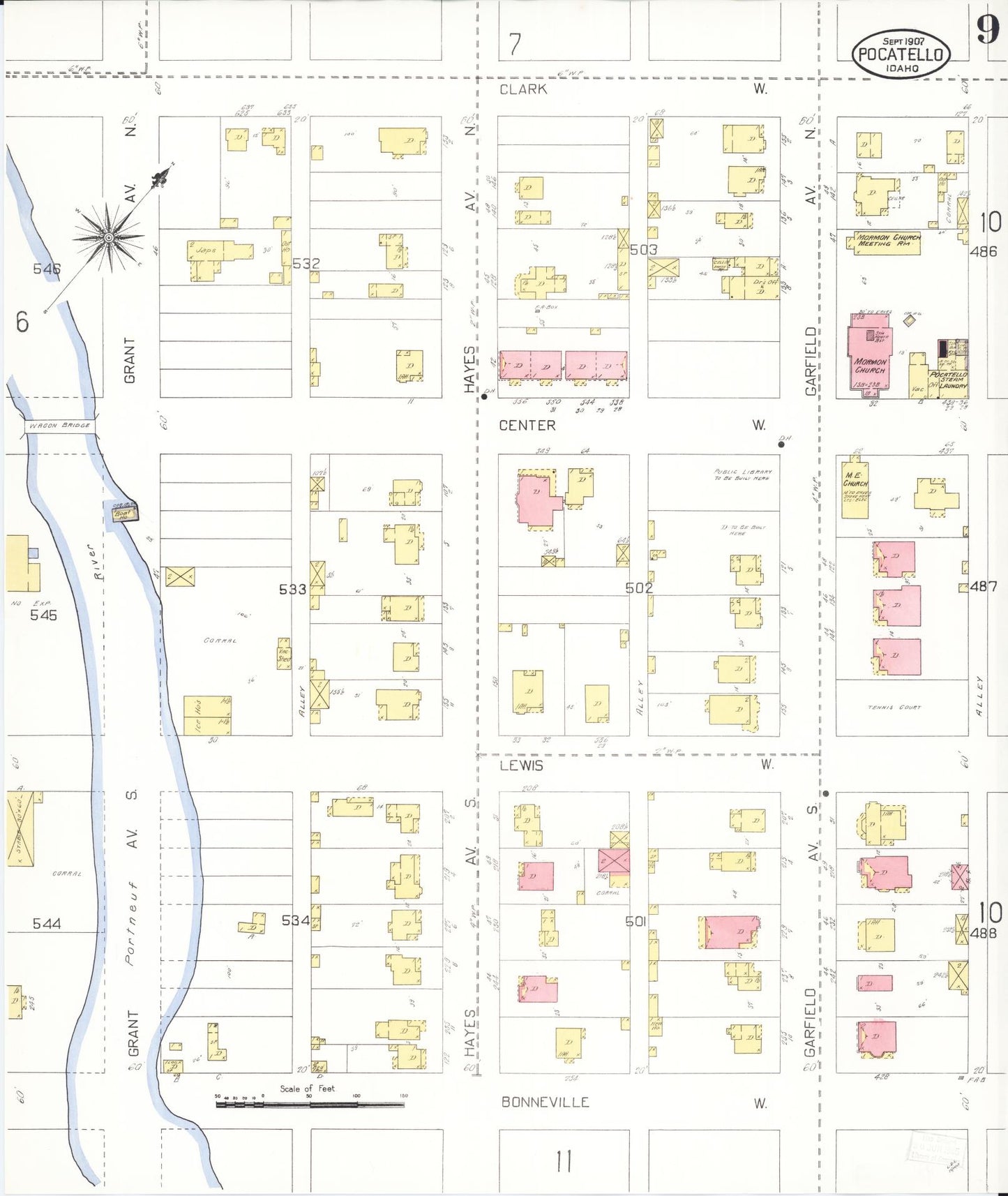 Sanborn Fire Insurance Map from Pocatello, Bannock County, Idaho (1907), Sheet #0009 - Complete Map Set gallery image, historic Sanborn map, vintage wall art, Idaho Idaho