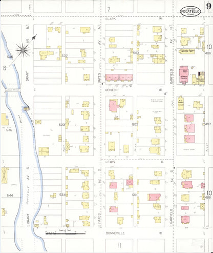 Sanborn Fire Insurance Map from Pocatello, Bannock County, Idaho (1907), Sheet #0009 - Complete Map Set gallery image, historic Sanborn map, vintage wall art, Idaho Idaho