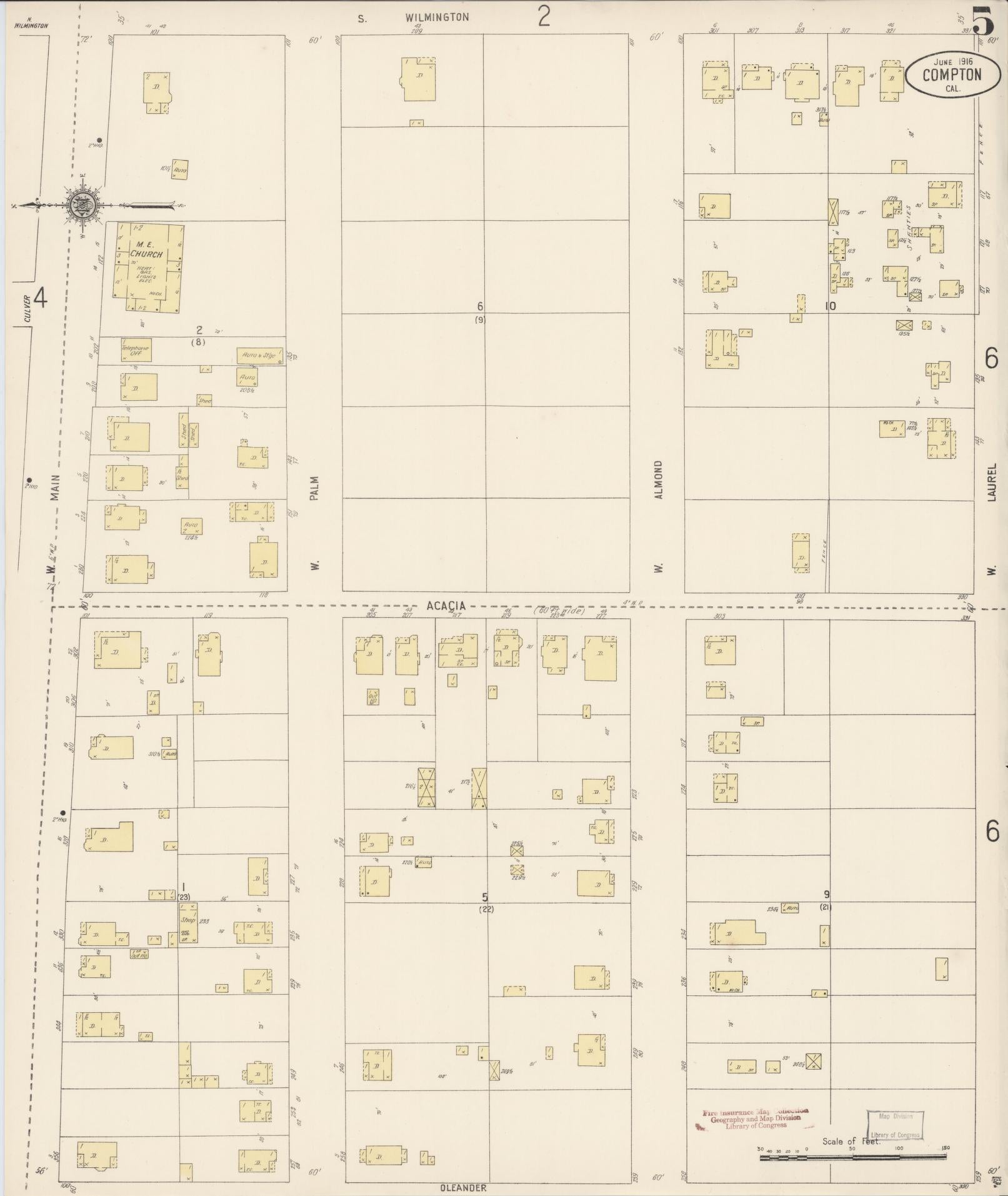 Sanborn Fire Insurance Map from Compton, Los Angeles County, California (1916), Sheet #0005 - Complete Map Set gallery image, historic Sanborn map, vintage wall art, California California